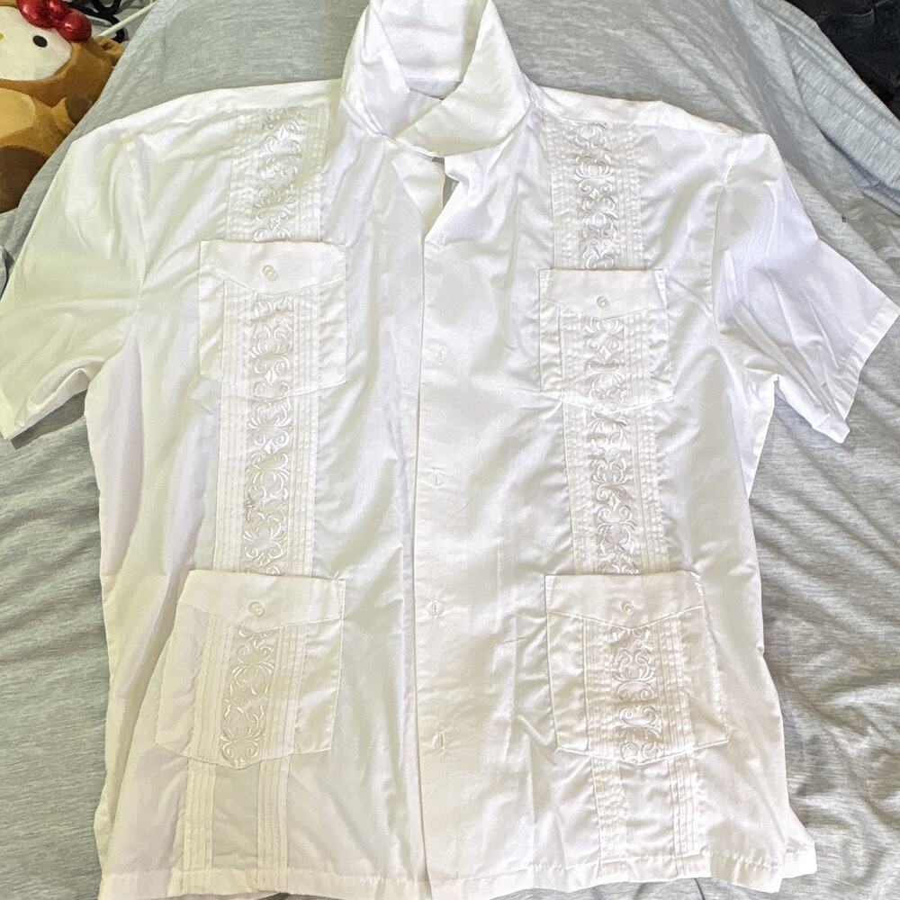 LADA Men’s 3XL White Solid Woven Button-Up Short Sleeve Embroidered Pockets